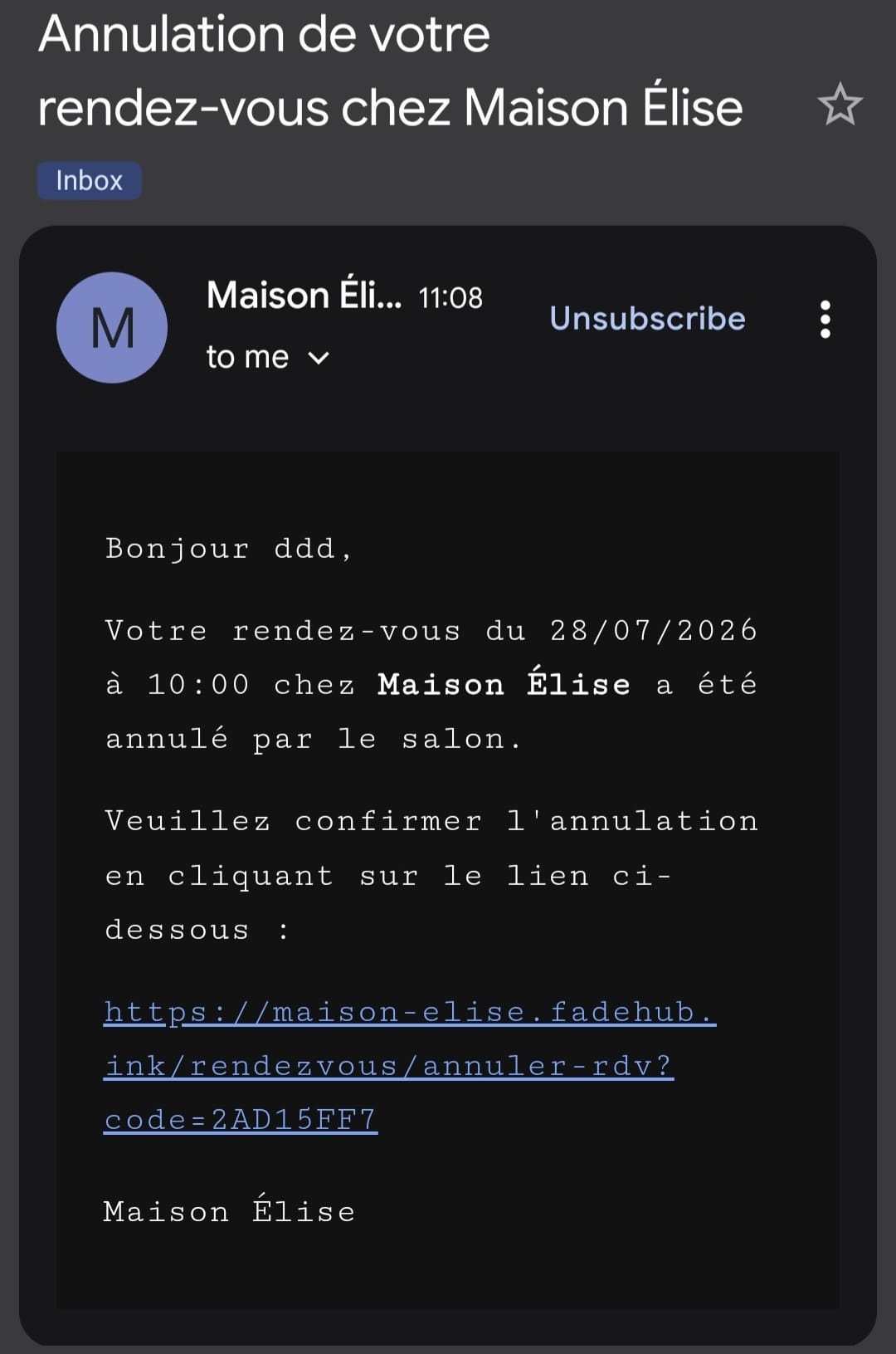 Email d'annulation de rendez-vous envoyé au client