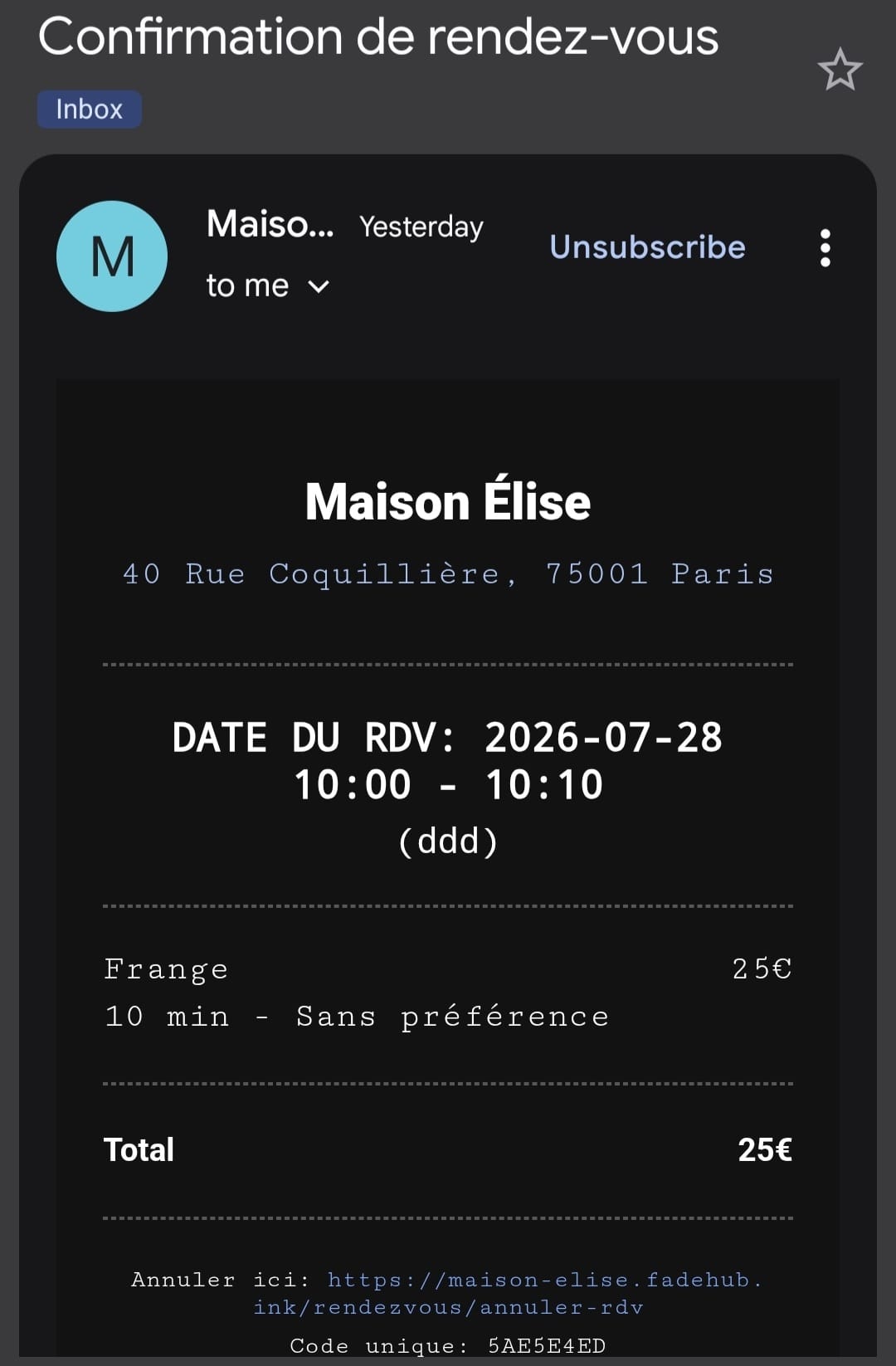 Email de confirmation de rendez-vous envoyé au client