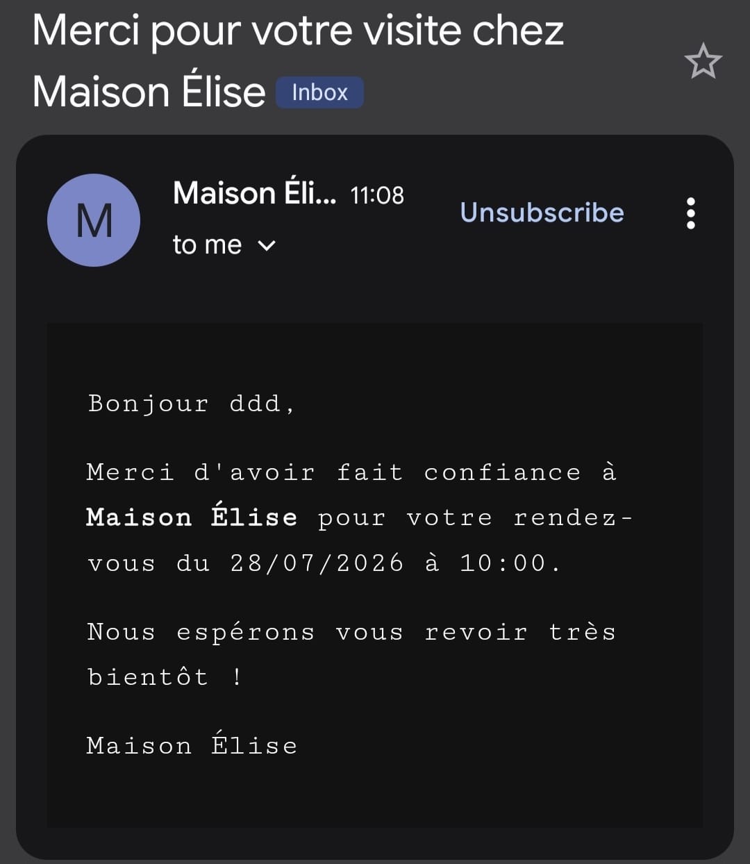 Email envoyé au client après un rendez-vous terminé