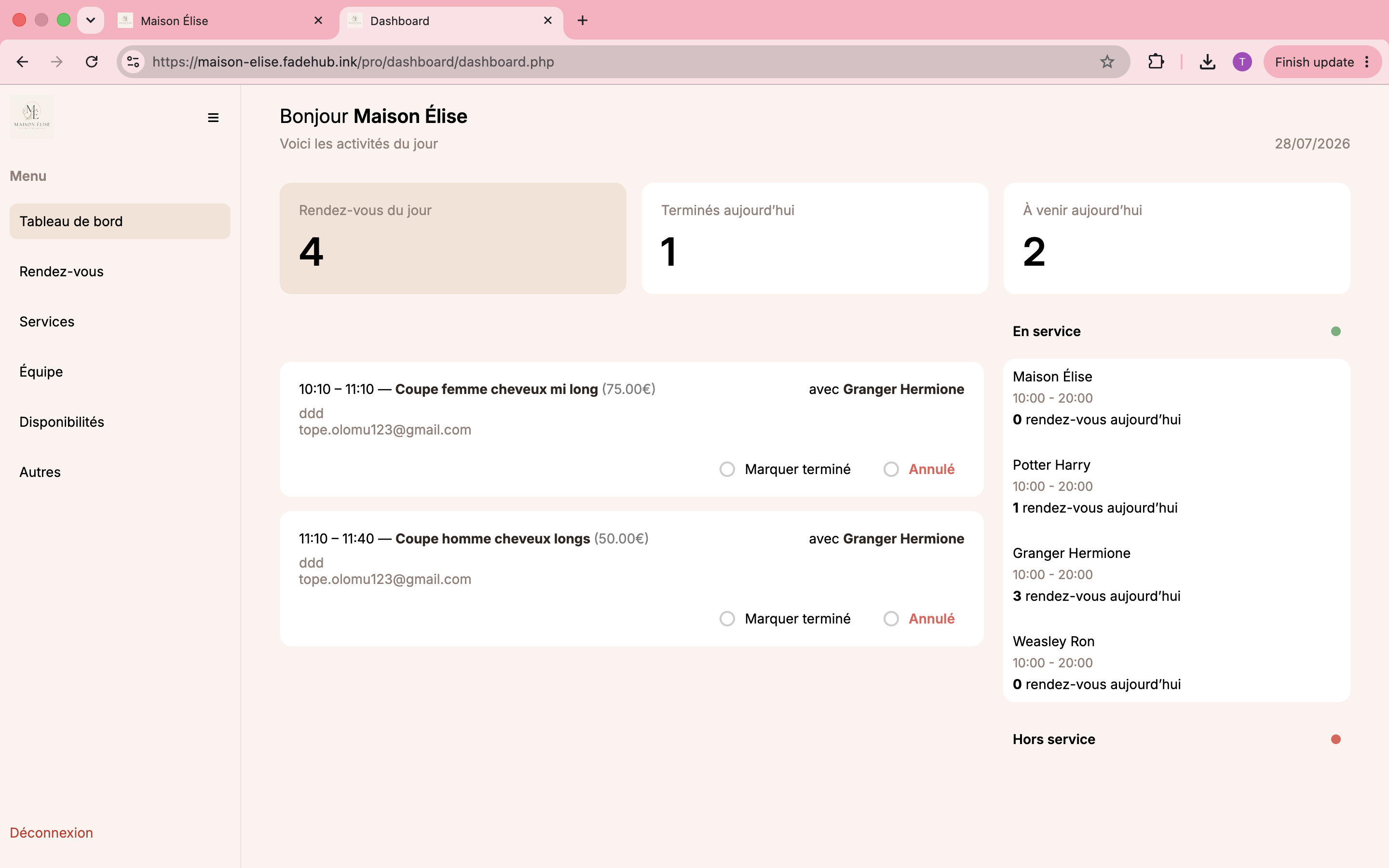 Tableau de bord de l'espace de gestion FadeHub