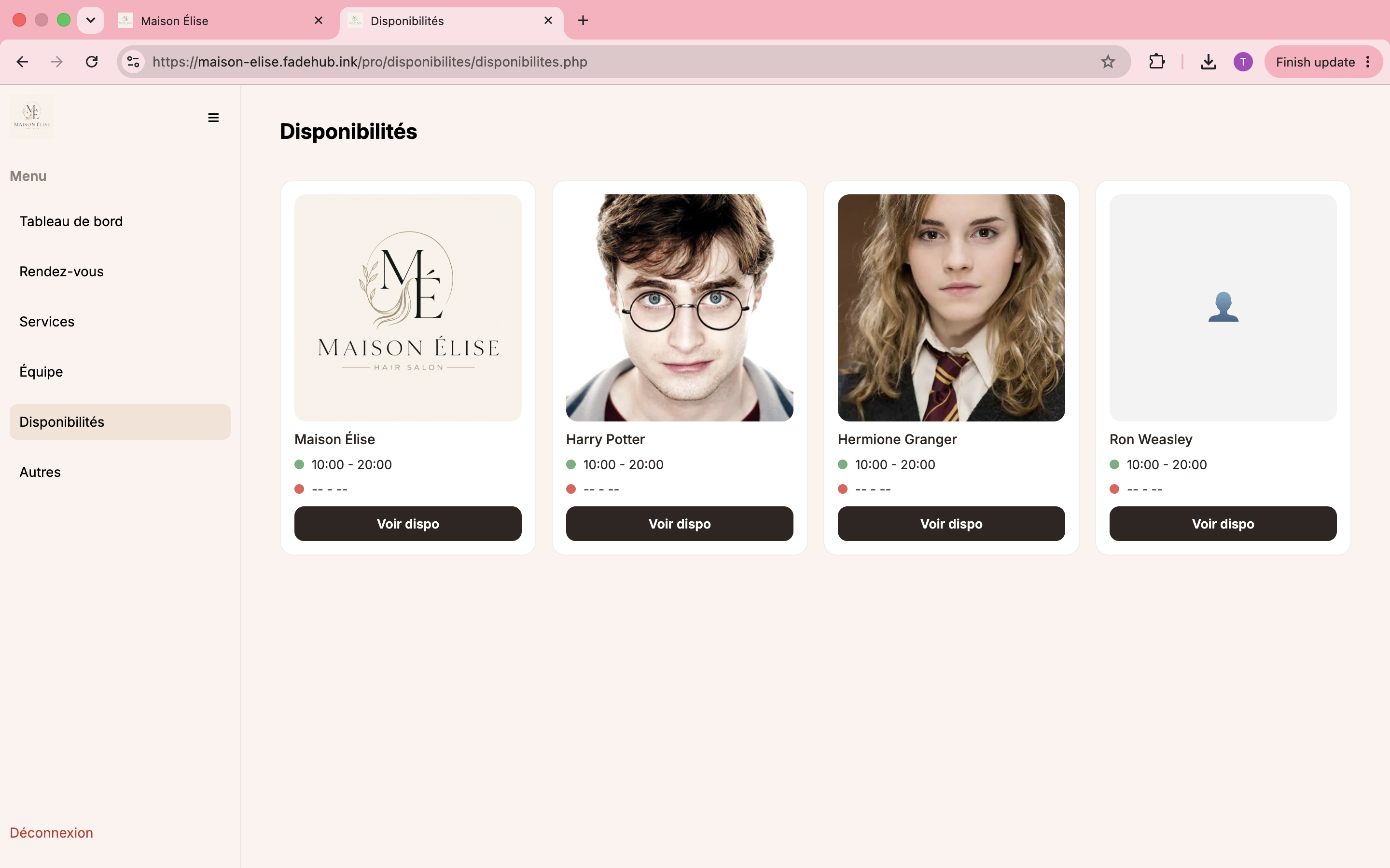 Gestion des disponibilités dans l'espace de gestion FadeHub